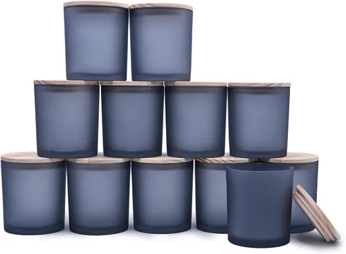 Miniatura 21 de SHOWIN Tarros de vela gruesos de 14 OZ para hacer velas 12 Piezas, tarros vacíos de 3 mechas con tapas de madera para hacer velas, recipiente