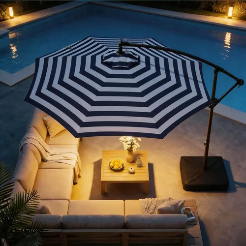 Miniatura 10 de HOMSHADE - Sombrilla de patio de 10 pies con luces solares, voladiza, con luz y base, sombrilla colgante para exteriores con protección UV UPF50+
