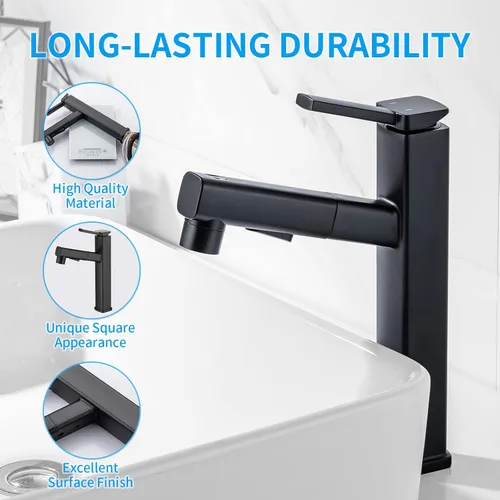 Miniatura 7 de HANLIAN Grifo de lavabo tipo vasija de baño extraíble de una sola manija con boquilla giratoria, moderno grifo de baño alto de un solo orificio