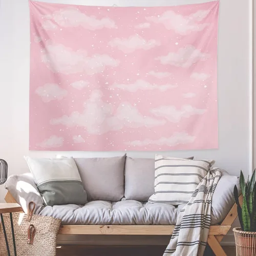 Miniatura 5 de XSHANG Tapiz de nube rosa para decoración de dormitorio, decoración estética del hogar para telón de fondo, bonitos tapices de cielo blanco y cielo