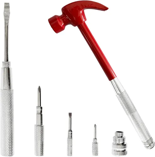 Juego de mini martillo y destornillador multiherramienta 6 en 1 rojo - Herramientas de mano para acampar con cabeza de martillo de metal