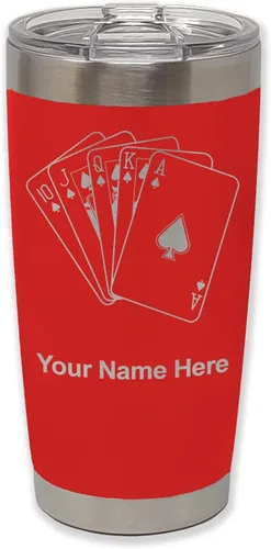 Miniatura 34 de LaserGram Vaso aislado al vacío de 20 onzas, tarjetas de póquer Royal Flush con grabado personalizado incluido (negro)