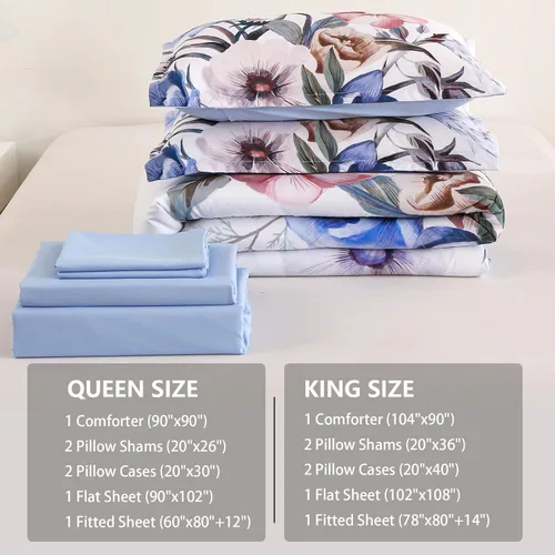 Miniatura 7 de Luxudecor Juego de edredón floral tamaño King de 7 piezas, cama de flores azules en una bolsa, elegante edredón floral con juego de sábanas, juego