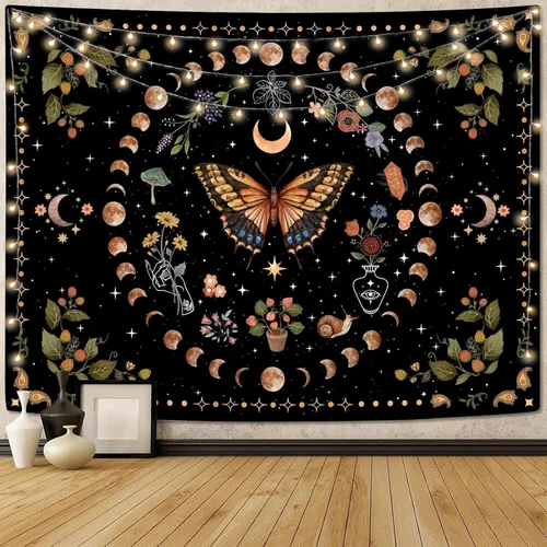 Miniatura 8 de Aipon Tapiz de flores de mariposa azul botánico bohemio para colgar en pared para dormitorio y sala de estar (36.00 pulgadas, 48.00 pulgadas, azul)