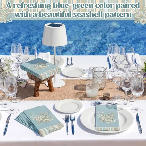 Miniatura 7 de Jetec 200 servilletas de papel costeras con conchas marinas, toallas de mano de papel para baño, desechables, diseño de estrella de mar azul marino