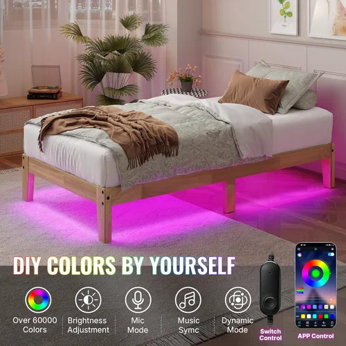 Miniatura 3 de Cama de plataforma de madera maciza de tamaño individual con luz LED, diseño sin ruido con soporte de listones de metal y madera, no necesita