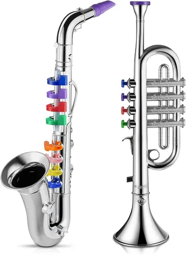 Miniatura 8 de Lewtemi Juego de 2 instrumentos musicales que incluyen trompeta de juguete y saxofón, trompeta de plástico, juguete educativo de Navidad, regalo