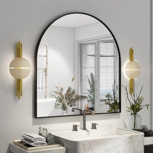 Miniatura 14 de XRAMFY Espejo de Pared Arqueado de 26" x 38" para Baño, Espejo de Tocador Dorado para Dormitorio, Sala de Estar, Entrada, Espejo Colgante Decorativo