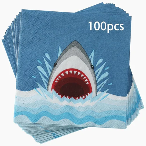 Gersoniel 100 servilletas de papel de tiburón desechables con diseño de tiburón y océano, servilletas de papel para cócteles, bebidas, temática