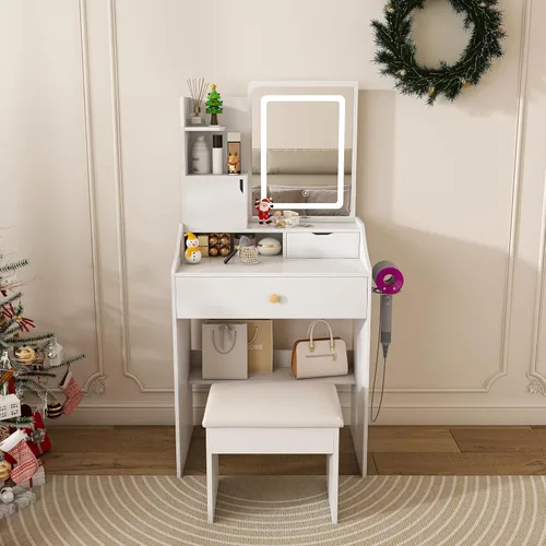Juego de escritorio pequeño con espejo iluminado y taburete, juego de mesa de maquillaje compacto con modelo de luz de 3 colores, mesa de maquillaje