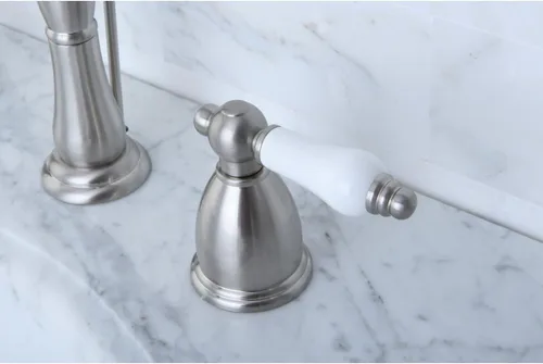 Miniatura 3 de Kingston Brass KB1978PL Heritage - Grifo de lavabo generalizado con mango de palanca de porcelana, níquel cepillado cepillado níquel