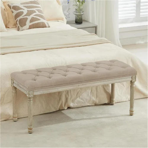 Miniatura 18 de LOULENS Banco francés vintage, banco de entrada de tela de lino, banco tapizado y copetudo para el extremo de la cama con patas de madera cepillada