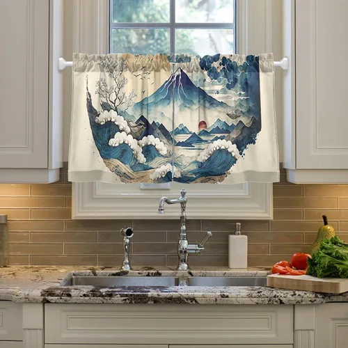 Vnurnrn Cortinas de media ventana de paisaje japonés vintage para dormitorio, cortinas de cocina de granja para ventana pequeña, baño, sótano,