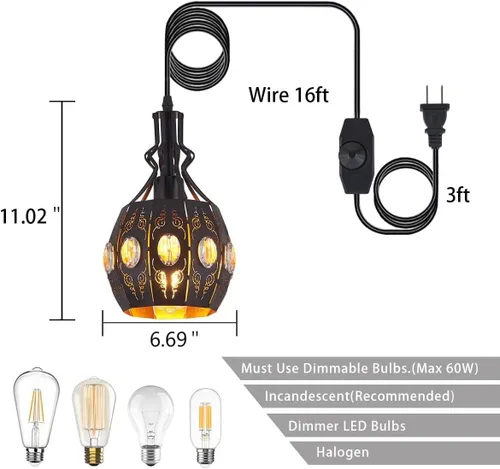 Miniatura 6 de YLONG-ZS Lámpara Colgante Swag Luces con Enchufe Luz Colgante con Enchufe, Luces Colgantes con Cable con Enchufe Pequeña Negra Vintage Rústica