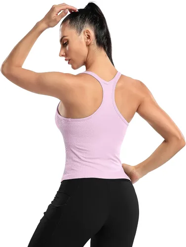 Miniatura 124 de ATTRACO Camiseta corta acanalada de entrenamiento para mujer con brasier integrado para yoga, espalda cruzada, ajuste ajustado