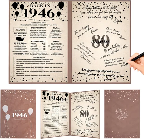 Crenics Decoraciones de cumpleaños número 80 para mujeres u hombres, póster vintage en el año 1946, libro de firma de invitados de cumpleaños 80,