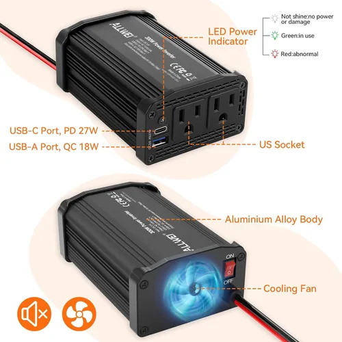 Miniatura 4 de ALLWEI - Inversor de corriente de 300 W, adaptador de toma de corriente con enchufe para coche, CC 12 V a CA 110 V, con cargador rápido USB-C PD