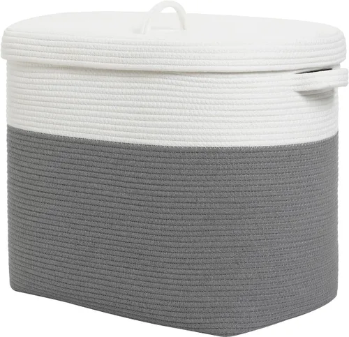 Miniatura 17 de Cesta de almacenamiento rectangular extragrande de 22 x 14 x 18 pulgadas con tapa, cesta de almacenamiento grande de cuerda de algodón, cesta