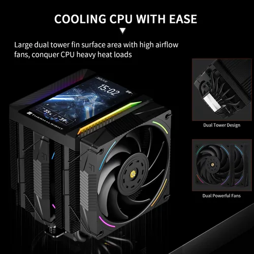 Miniatura 2 de Thermalright Peerless Assassin 120 Vision MAX ARGB Enfriador de aire negro para CPU, radiador de doble torre 2150RPM, pantalla IPS de resolución