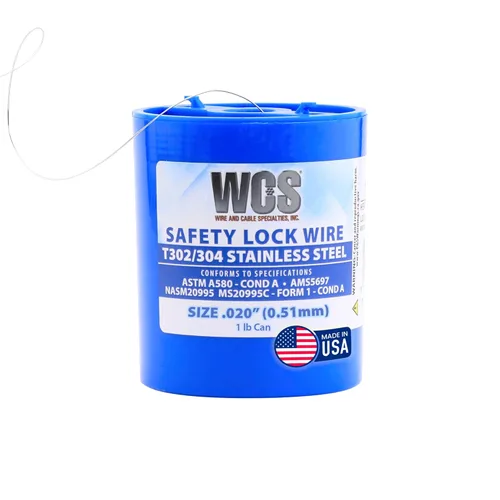 Alambre de bloqueo, T302/304 de acero inoxidable, NASM20995, MS20995C, ASTM A580 Cond A, AMS5697, 0.020 pulg (0.51 mm), 1 lb (0.45 kg) Lata