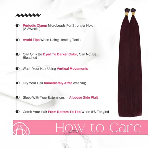 Miniatura 5 de Moresoo Extensiones de cabello humano con punta en I Tip, extensiones de cabello humano real color rojo vino, Itip para boda, 0.8 gm/hebra, 50