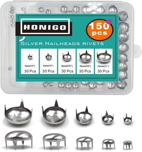 Honigo - Tachuelas metálicas de latón sólido, 150 unidades, forma redonda y cúpula, 4/6/8/10/12mm, 4 puntas, para manualidades en cuero, ropa,