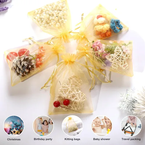 Miniatura 4 de Hopttreely 100 bolsas de regalo de organza dorada, 4 x 6 pulgadas, bolsas de malla de satén con cordón para dulces y regalos, bolsitas para joyas