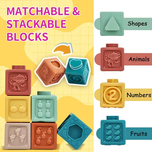 Miniatura 5 de Juguetes Montessori para bebés, juguetes 3 en 1 para bebés de 6 a 12 meses, bloques apilables, bolas sensoriales y anillos de dentición suaves, Caja