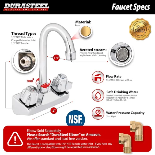 Miniatura 5 de DuraSteel Grifo de fregadero de cocina comercial, sin plomo, 4 pulgadas, montaje en pared central, grifo de fregadero de mano con boquilla de cuello