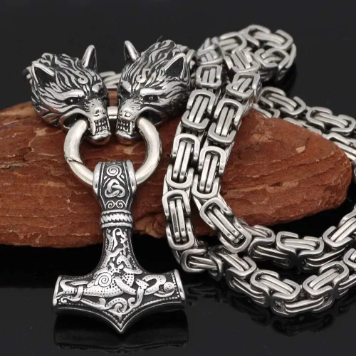 Miniatura 2 de GuoShuang Wolf Head with Thor Mjolnir Pendant Necklace Stainless Steel - King Chain