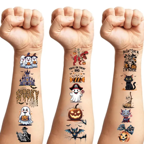 Miniatura 6 de Tatuajes temporales de Halloween que brillan en la oscuridad: 108 hojas envueltas individualmente, calcomanías luminosas de tatuaje, recuerdos