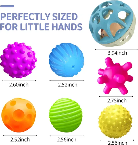 Miniatura 7 de Montessori - Juego sensorial para bebés y niños pequeños, paquete de 6 bolas texturizadas suaves y sonajero de paja de trigo, juguetes educativos