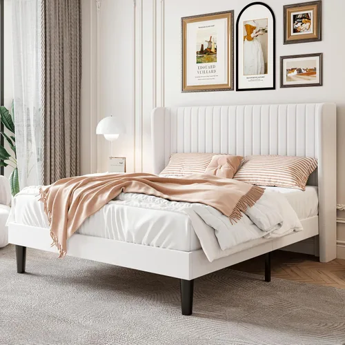 Miniatura 20 de SHA CERLIN Marco de cama de terciopelo tamaño completo con cabecera de respaldo alto con capitoné de canales verticales, cama plataforma tapizada