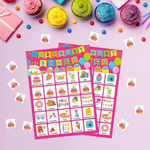 Miniatura 7 de Tarjetas de juego de bingo de cumpleaños para niños, niñas y adultos, 24 jugadores, fiesta de cumpleaños, juegos de bingo para escuela, aula, Rosa