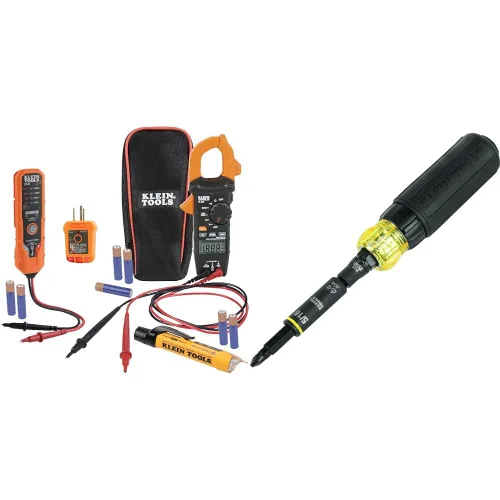 Klein Tools Kit de prueba eléctrica con medidor de abrazadera, 3 probadores, cables, bolsa y baterías y destornillador de trinquete/destornillador