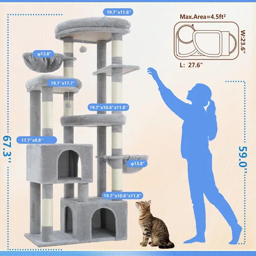 Miniatura 2 de Hey-brother Árbol para gatos, torre de 67.3 pulgadas con 3 camas de plataforma suave, 2 condominios grandes, 9 postes rascadores de sisal, 2 hamacas