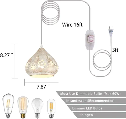 Miniatura 7 de YLONG-ZS Lámpara colgante bohemia con forma de pug, luz colgante de enchufe blanco de 16 pies, cable regulable, luz colgante de cristal