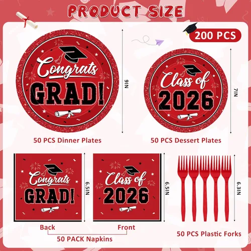 Miniatura 2 de QZYL Juego de 200 suministros de graduación 2026, platos de graduación rojos, servilletas, platos de postre y tenedores de plástico para 50