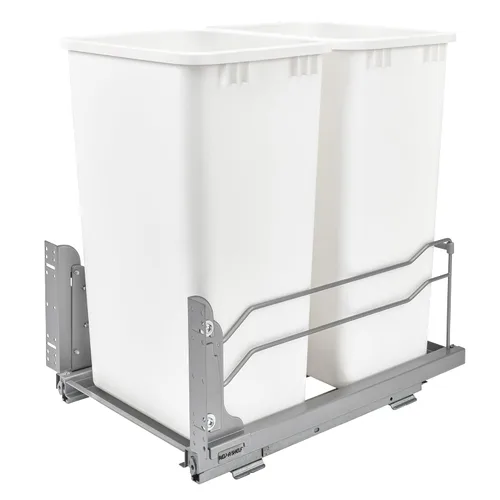 Rev-A-Shelf Botes de basura de doble extracción para armarios de cocina de altura completa 50 cuartos 12.5 galones con rieles de cierre suave, Blanco