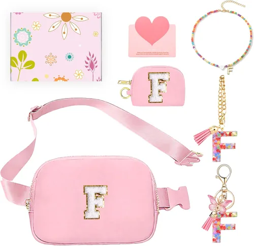Miniatura 10 de Regalos de moda para niñas adolescentes, cangurera con monograma para niña con llavero, collar, dijes de taza, tarjeta de felicitación y caja