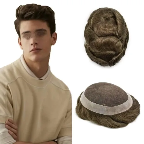 Miniatura 12 de Tupé para hombres, sistema de cabello humano, encaje francés suave con PU para hombre, extensiones de pelo de piel fina para hombres, pelucas