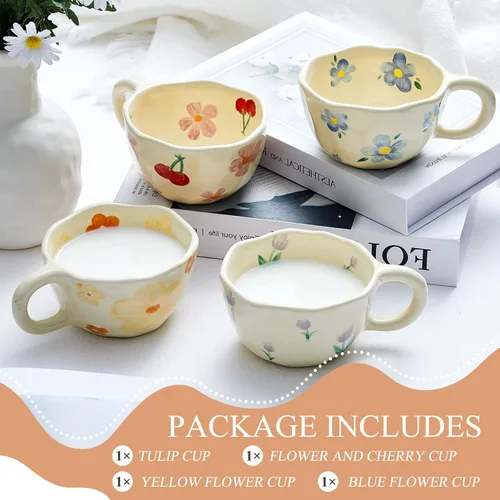 Miniatura 3 de Vesici Paquete de 4 tazas de café de cerámica con cuchara de 8.5 onzas, bonitas tazas de té estéticas con asa para té, leche, tazas de café