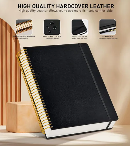 Miniatura 3 de Cuaderno de espiral A4 de 8.5 x 11 pulgadas, 256 páginas numeradas, de tapa dura, de cuero, para mujeres y hombres, cuadernos grandes rayados