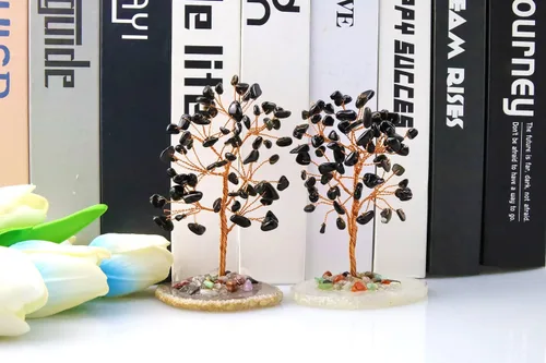Miniatura 2 de QINJIEJIE Árbol de la vida de obsidiana negra curativa, piedra natural, piedra preciosa para habitación, oficina, escritorio, base de ágata, alambre