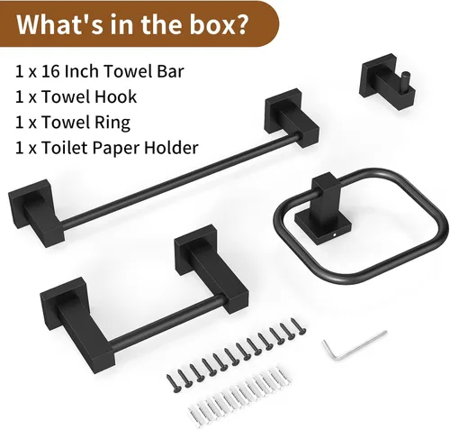 Miniatura 7 de Juego de 4 accesorios de baño negro mate, juego de toallas de baño de 16 pulgadas con soporte para papel higiénico, toalleros de acero inoxidable