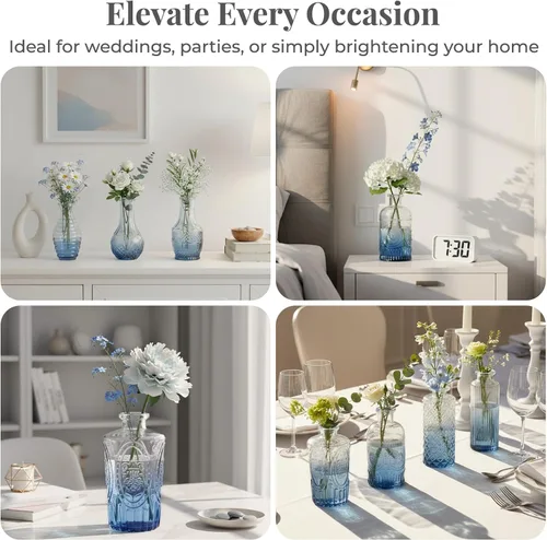 Miniatura 6 de Paquete de 12 jarrones de flores azules BEAHOT para decoración de boda, jarrón de cristal para decoración de mesa, jarrón pequeño para el hogar, día