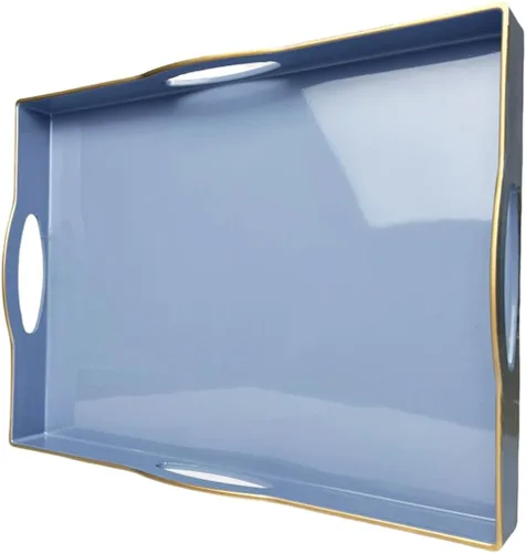 Bandeja de servir azul con 4 asas, bandeja decorativa de plástico para mesa de café, otomana - Ideal para sala de estar y baño. 15 x 11 x 1.9