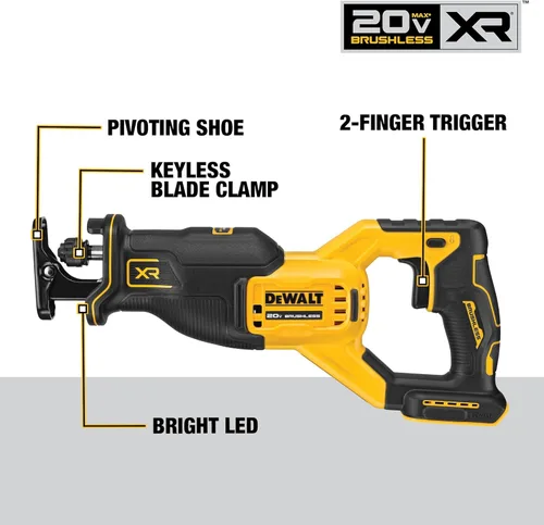 Miniatura 5 de DEWALT Sierra recíproca MAX* de 20 V, inalámbrica, disparador variable de 2 dedos, abrazadera de hoja sin llave, solo herramienta (DCS382B)