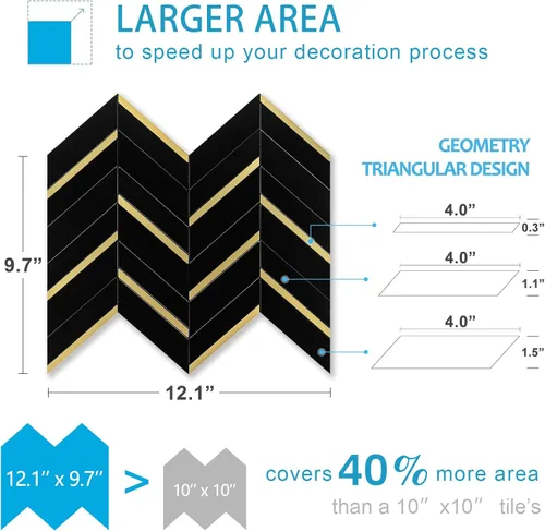 Miniatura 4 de 10 hojas de azulejos de espiga para despegar y pegar, mármol negro mezclado con metal dorado, PVC autoadhesivo para salpicaderos de cocina y baño