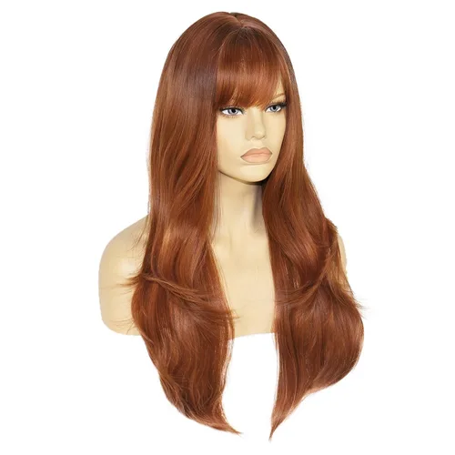 Miniatura 3 de + Gorra de peluca de 28 pulgadas, peluca de jengibre con flequillo, peluca roja cobre para mujer, peluca roja cobre con flequillo, cabello en capas